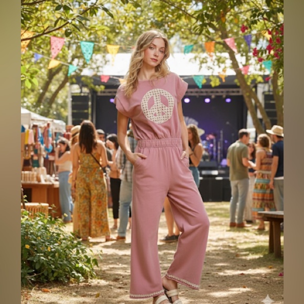 Umgee Pink Jumpsuit with Peace Sign